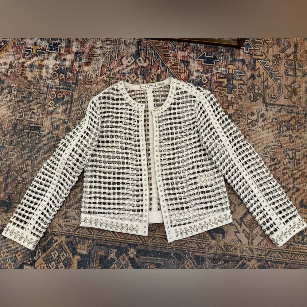 Alice + Olivia Kidman White Leather Game Day Jacket with Silver Studs